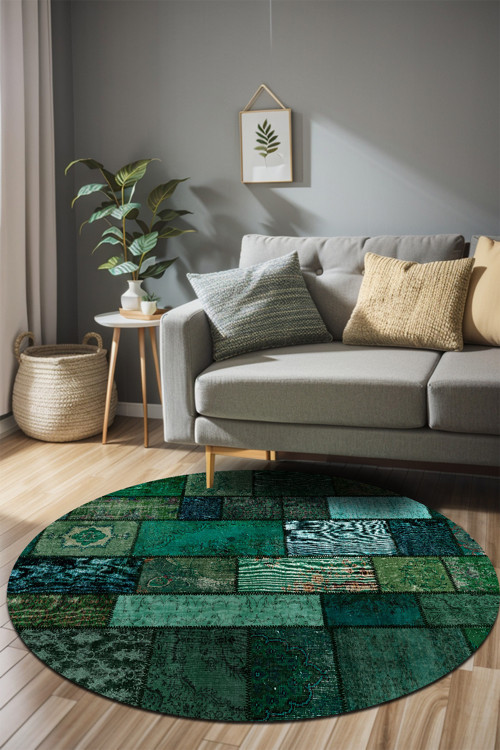 Trunk Patchwork Desenli Pamuk Tabanlı Yıkanabilen Kaydırmaz Antibakteriyel Şönil Salon Halısı
