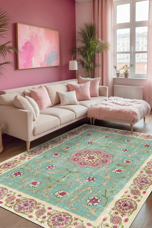 Aida Home Visina Vintage Desenli Pamuk Tabanlı Yıkanabilen Kaydırmaz Antibakteriyel Şönil Salon Halısı 2