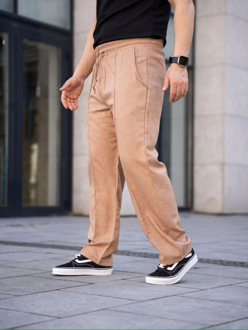 YAKE STORE Erkek Keten Cepli Çıma Dikişli Jogger Buggy Pantalon Rahat Kalıp - Kahverengi - Kahverengi