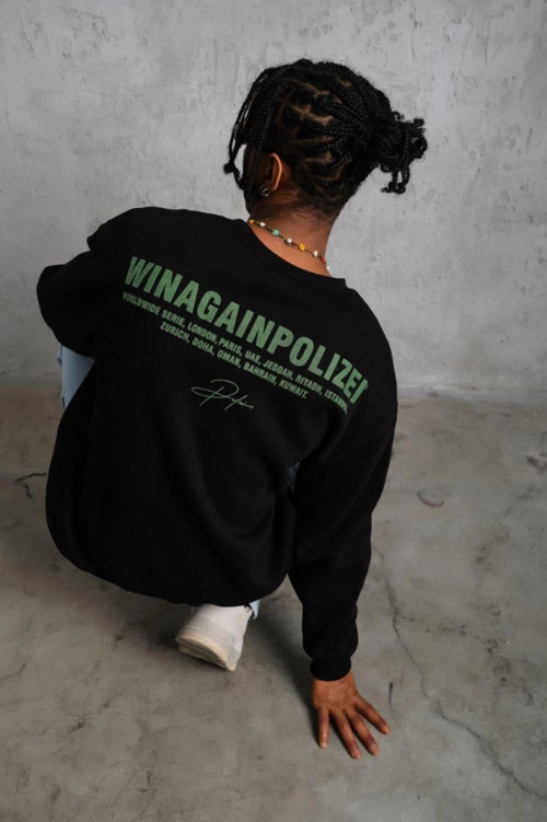 YAKE STORE Erkek Oversize Sweatshirt – Siyah Renk Ön Ve Sırt Baskılı, Üç İplik İçi Pamuklu Kumaş, Rahat Kalıp, Ribanalı Kışlık Sweat Winagain Polizei Serisi - Siyah - Siyah