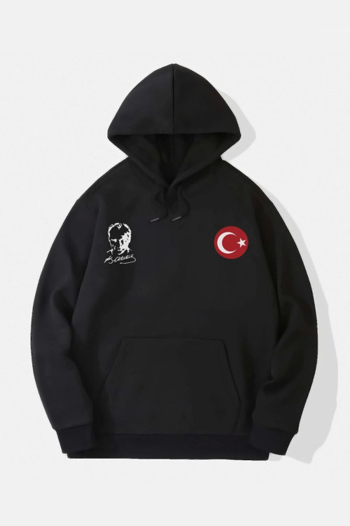 YAKE STORE 10 Kasıma Özel Üç İplik Kapşonlu Baskılı SweatShirt - Siyah - Siyah