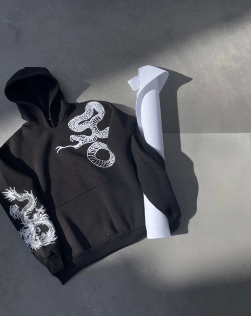 YAKE STORE Uzun Kol Kapşonlu Baskılı SweatShirt - Siyah - Siyah