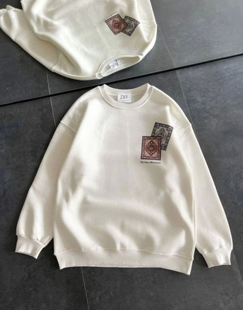 YAKE STORE Bisiklet Yaka Baskılı SweatShirt - Beyaz - Beyaz