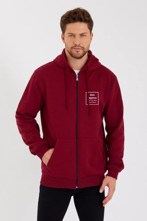 YAKE STORE Unisex Tam Fermuarlı Kapşonlu Özel Tasarım SweatShirt - Bordo - Beyaz