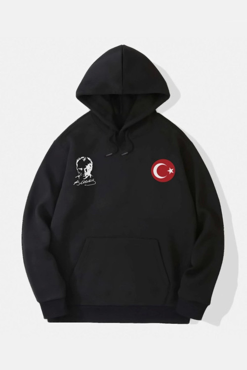 YAKE STORE 10 Kasıma Özel Üç İplik Kapşonlu Baskılı SweatShirt - Siyah - Siyah