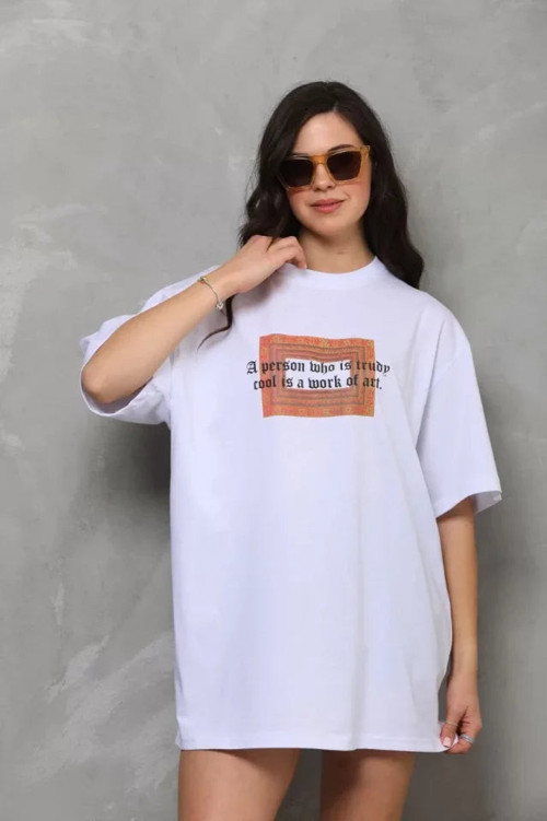 YAKE STORE Unisex Bisiklet Yaka Baskılı Oversize T-Shirt - Beyaz - Beyaz