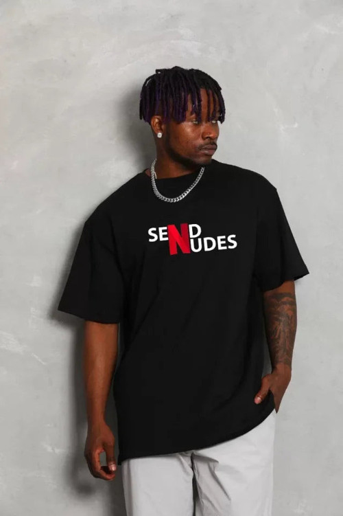 YAKE STORE Unisex Bisiklet Yaka Double Oversize Baskılı T-Shirt - Siyah - Siyah