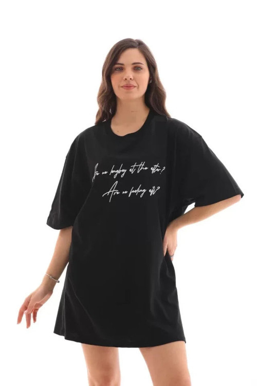 YAKE STORE Unisex Bisiklet Yaka Baskılı Oversize T-Shirt - Siyah - Siyah