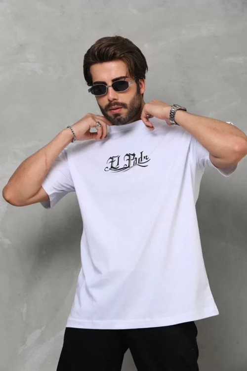 YAKE STORE Unisex Bisiklet Yaka Baskılı Oversize T-Shirt - Beyaz - Beyaz