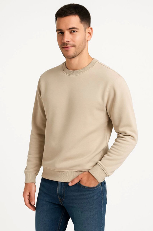 YAKE STORE Erkek Üç İplik Düz Bisiklet Yaka SweatShirt - Bej - Bej