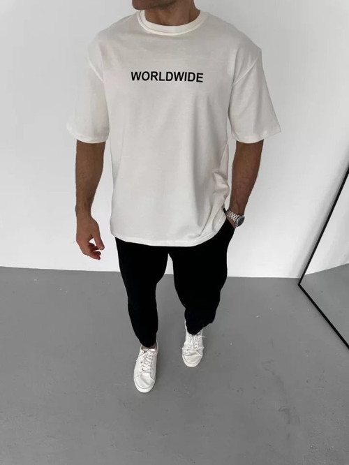 YAKE STORE Unisex Bisiklet Yaka Baskılı Oversize T-Shirt - Beyaz - Beyaz