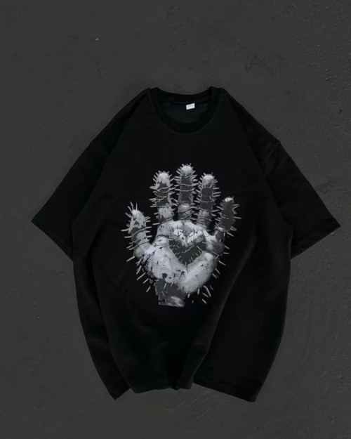 YAKE STORE Unisex Bisiklet Yaka Baskılı Oversize T-Shirt - Siyah - Siyah