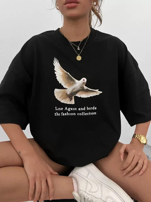 YAKE STORE Unisex Bisiklet Yaka Baskılı Oversize T-Shirt - Siyah - Siyah