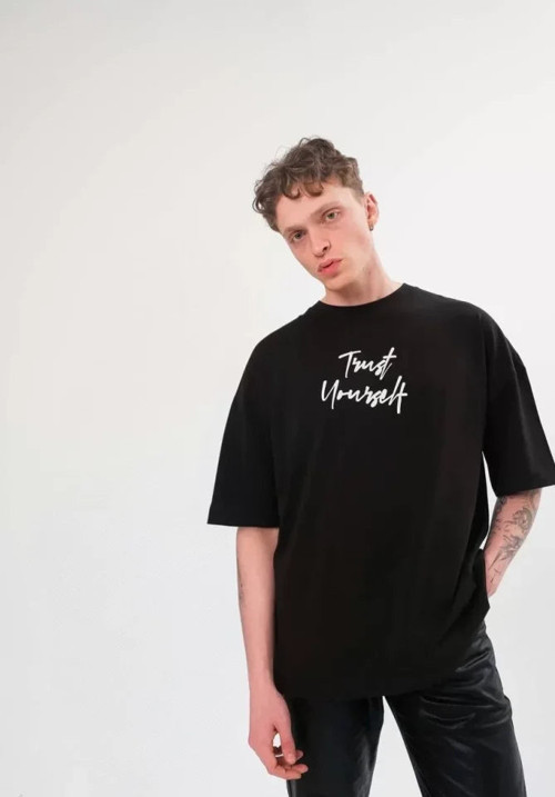 YAKE STORE Unisex Bisiklet Yaka Baskılı Oversize T-Shirt - Siyah - Siyah