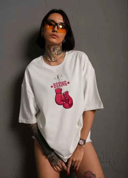 YAKE STORE Unisex Bisiklet Yaka Baskılı Oversize T-Shirt - Beyaz - Beyaz