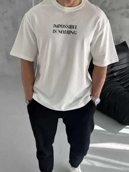 YAKE STORE Unisex Bisiklet Yaka Baskılı Oversize T-Shirt - Beyaz - Beyaz