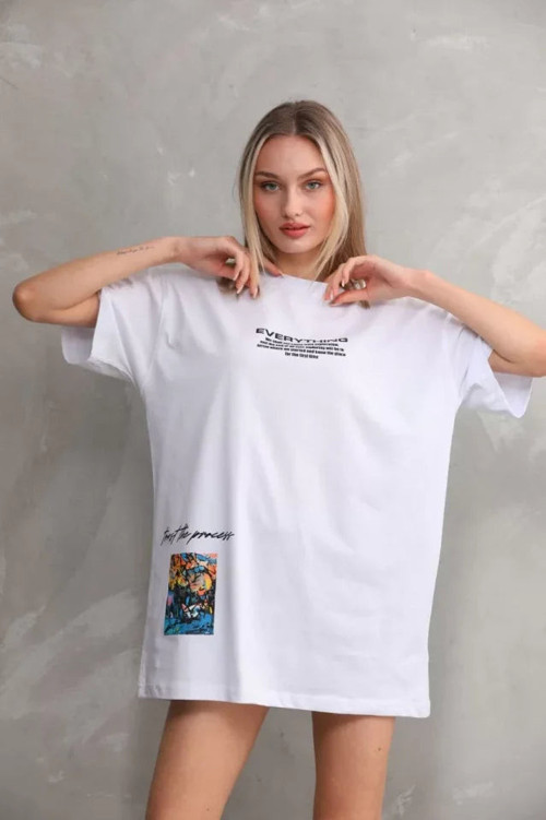 YAKE STORE Unisex Bisiklet Yaka Baskılı Oversize T-Shirt - Beyaz - Beyaz