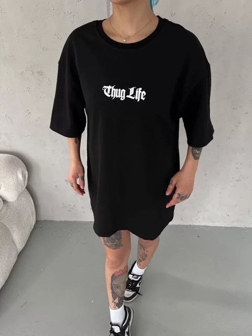 YAKE STORE Unisex Bisiklet Yaka Baskılı Oversize T-Shirt - Siyah - Siyah