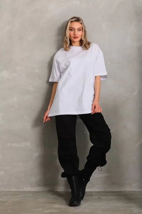 YAKE STORE Unisex Bisiklet Yaka 20/1 Düz Oversize T-Shirt - Beyaz - Beyaz