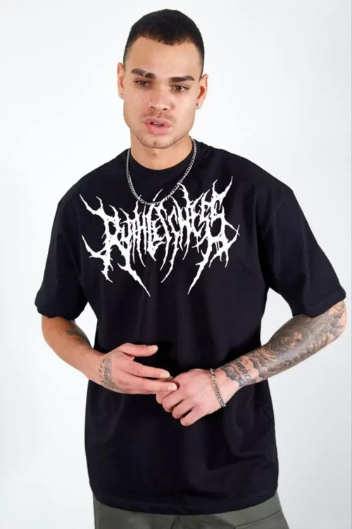 YAKE STORE Unisex Bisiklet Yaka Baskılı Oversize T-Shirt - Siyah - Siyah
