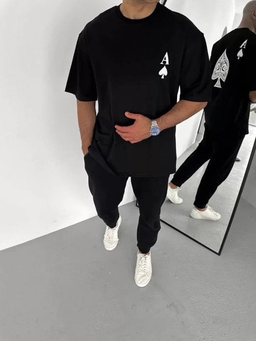 YAKE STORE Unisex Bisiklet Yaka Baskılı Oversize T-Shirt - Siyah - Siyah