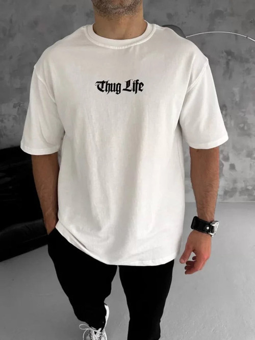 YAKE STORE Unisex Bisiklet Yaka Baskılı Oversize T-Shirt - Beyaz - Beyaz
