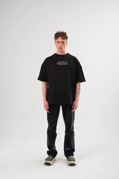 YAKE STORE Unisex Bisiklet Yaka Baskılı Oversize T-Shirt - Siyah - Siyah