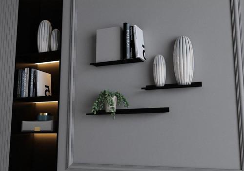 ®3'lü Siyah Dekoratif Metal Duvar Rafı, Kitaplık