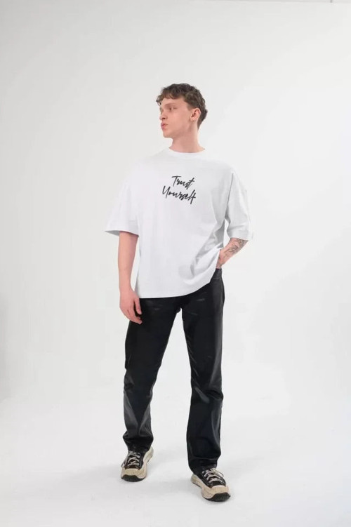 YAKE STORE Unisex Bisiklet Yaka Baskılı Oversize T-Shirt - Beyaz - Beyaz