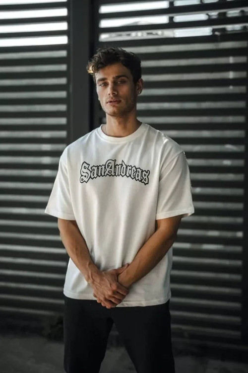 YAKE STORE Unisex Bisiklet Yaka Baskılı Oversize T-Shirt - Beyaz - Beyaz
