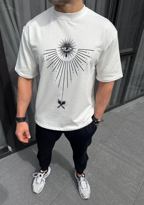 YAKE STORE Unisex Bisiklet Yaka Baskılı Oversize T-Shirt - Beyaz - Beyaz