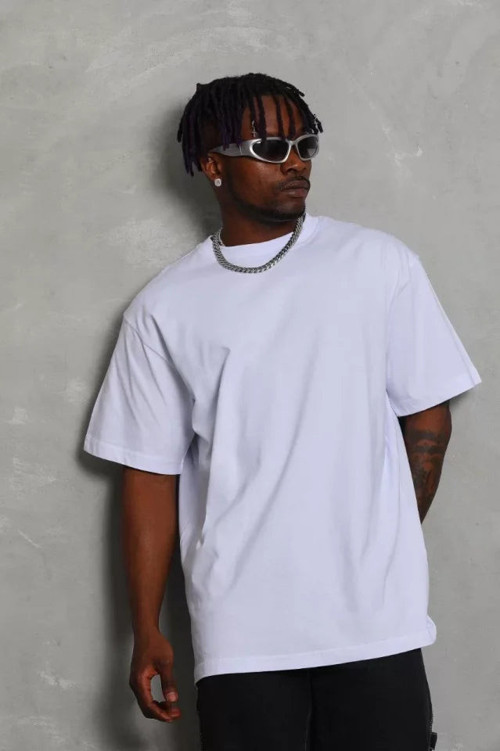 YAKE STORE Unisex Oversize Düz Bisiklet Yaka T-Shirt - Beyaz - Beyaz