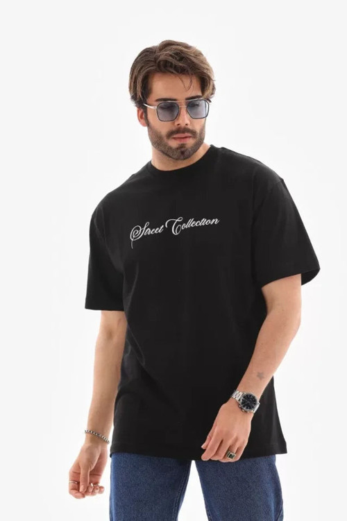 YAKE STORE Unisex Bisiklet Yaka Baskılı Oversize T-Shirt - Siyah - Siyah