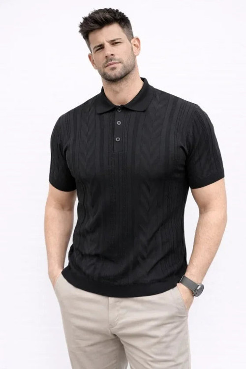 YAKE STORE Erkek Yazlık Triko Tişört Kısa Kol Polo Yaka Düğmeli T-Shirt - Siyah - Siyah
