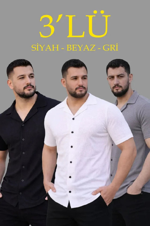 YAKE STORE Erkek Waffle Dokuma Açık Yakalı Düğmeli Regular Kalıp 3’lü Gömlek Seti - Siyah, Beyaz, Gri - Çok Renkli