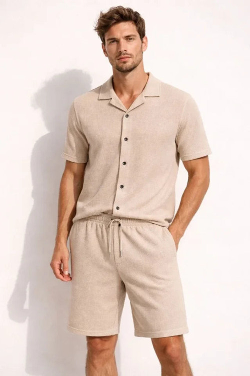 YAKE STORE Erkek Waffle Kumaş Kısa Kollu Gömlek Şort Takım Regular Fit Yazlık İkili Set - Bej - Bej