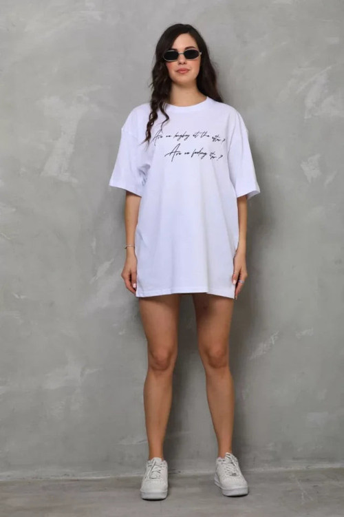 YAKE STORE Unisex Bisiklet Yaka Baskılı Oversize T-Shirt - Beyaz - Beyaz