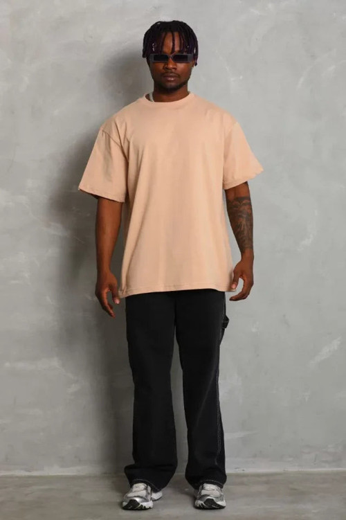 YAKE STORE Unisex Oversize Düz Bisiklet Yaka T-Shirt - Bej - Bej