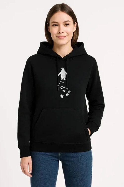 YAKE STORE Nihilist Penguen Temalı Oversize Kapüşonlu Sweatshirt - Siyah - Siyah