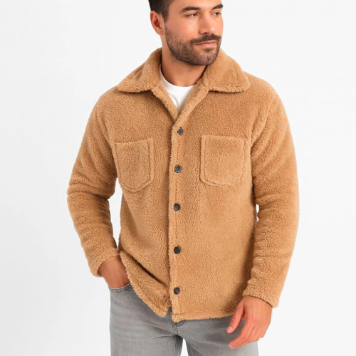YAKE STORE Erkek Pelüş Polar Hırka Gömlek – Yakalı, İlik Düğmeli, Göğüs Cepli, Yumuşak Dokulu Kışlık Regular Fit Rahat Günlük Model - Açık Kahve - Açık Kahve