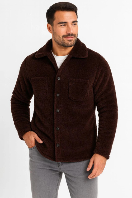 YAKE STORE Erkek Pelüş Polar Hırka Gömlek – Yakalı, İlik Düğmeli, Göğüs Cepli, Yumuşak Dokulu Kışlık Regular Fit Rahat Günlük Model - Kahverengi - Kahverengi