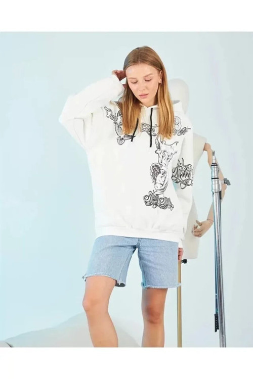 YAKE STORE Kapüşonlu Strong Heykel Baskılı Sweatshirt - Beyaz - Siyah