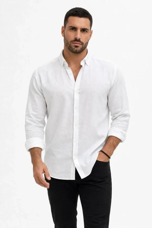 YAKE STORE Erkek KETEN Kumaş Oversize Uzun Kollu Rahat Kalıp Gömlek - Beyaz - Beyaz