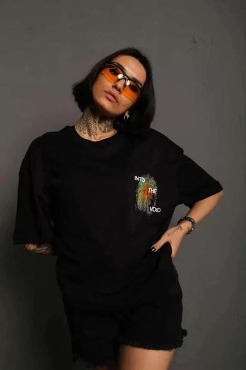 YAKE STORE Unisex Bisiklet Yaka Baskılı Oversize T-Shirt - Siyah - Siyah
