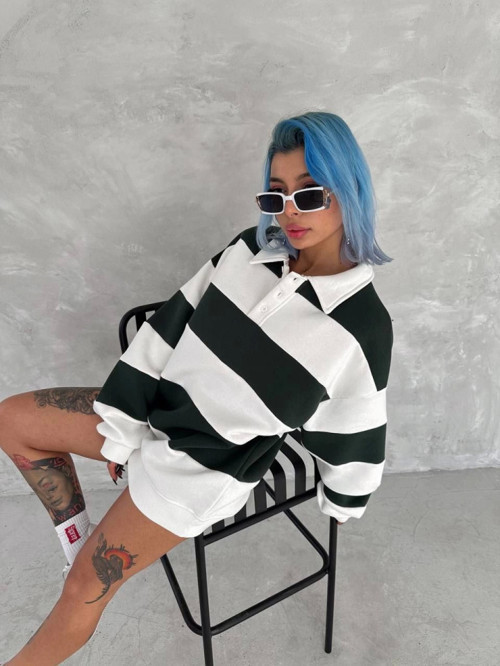 YAKE STORE Unisex Üç İplik Parçalı Yakalı SweatShirt - Yeşil - Yeşil