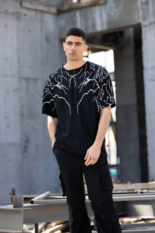 YAKE STORE Unisex Bisiklet Yaka Baskılı Oversize T-Shirt - Siyah - Siyah