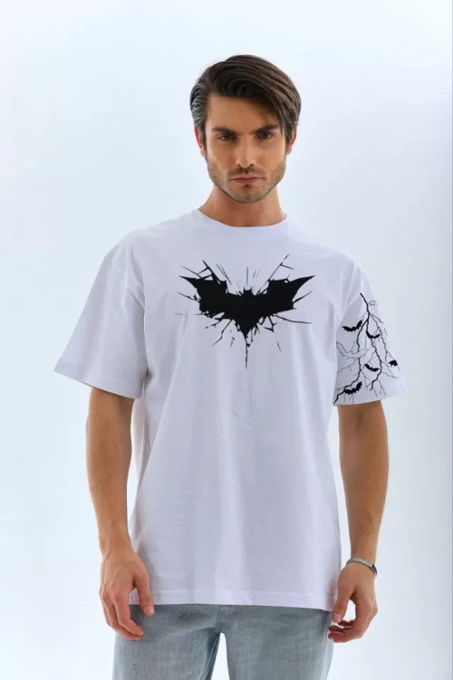 YAKE STORE Unisex Ön Ve Kol Baskılı Oversize T-shirt - Beyaz - Beyaz