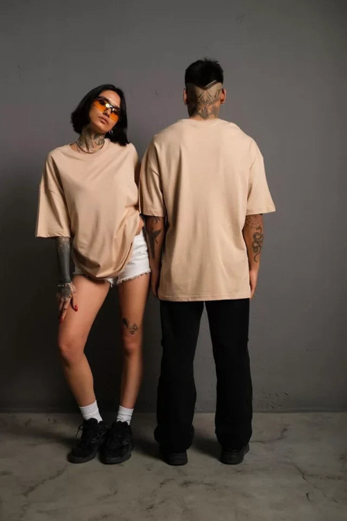 YAKE STORE Erkek 24/1 Düz A Kalite Oversize T-shirt - Bej - Bej
