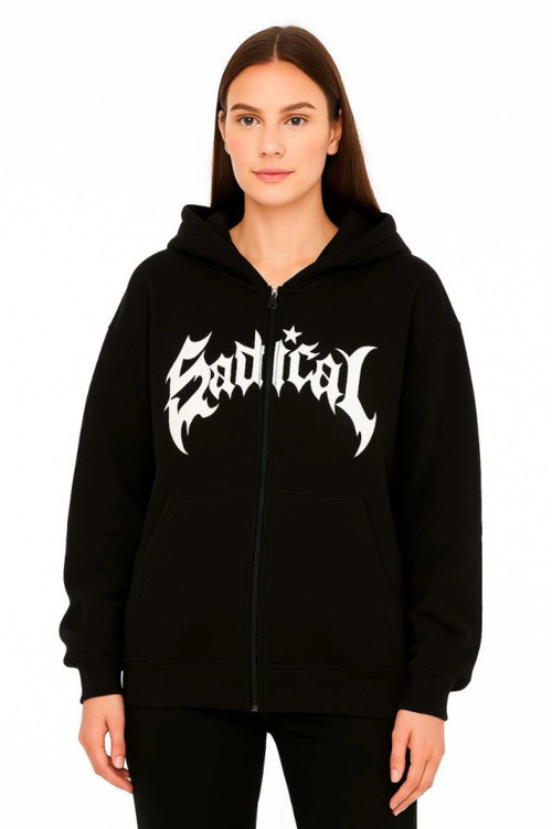 YAKE STORE Oversize Kapüşonlu Sweatshirt Hoodie 3 İplik Şardonlu Pamuklu Kumaş, Önü Baskılı, Fermuarlı Rahat Kalıp, Kışlık Ve Sokak Stili Sweat - Siyah - Siyah