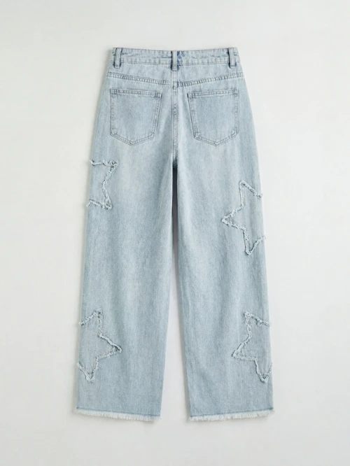 Mavi Baggy Fit Nakışlı Kız Çocuk Jean Pantolon